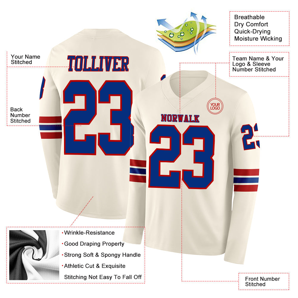 Custom Cream Royal-Red Long Sleeve Authentic Football Jersey view 2