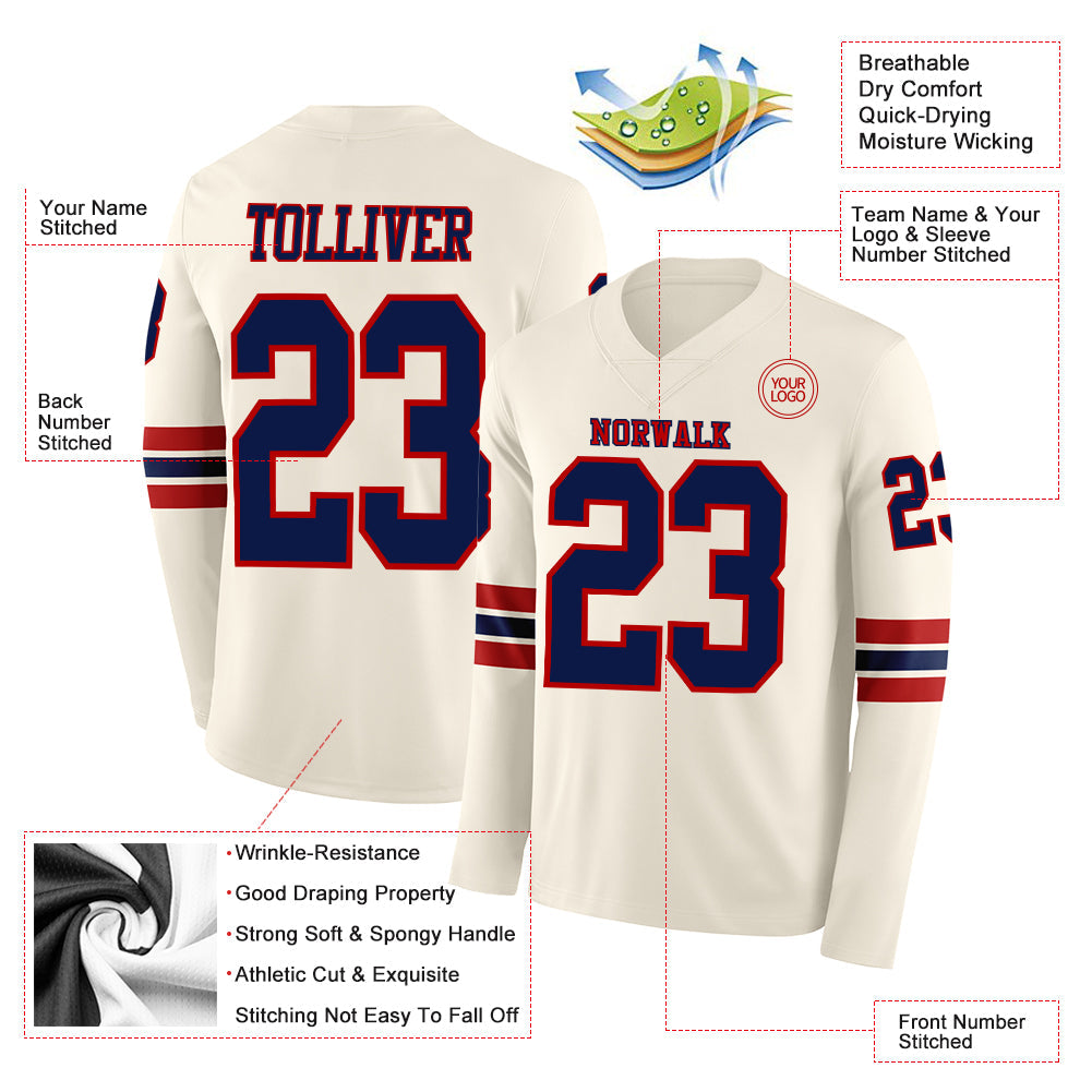 Custom Cream Navy-Red Long Sleeve Authentic Football Jersey view 2