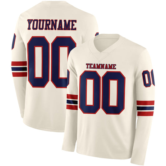 Custom Cream Navy-Red Long Sleeve Authentic Football Jersey - Main View