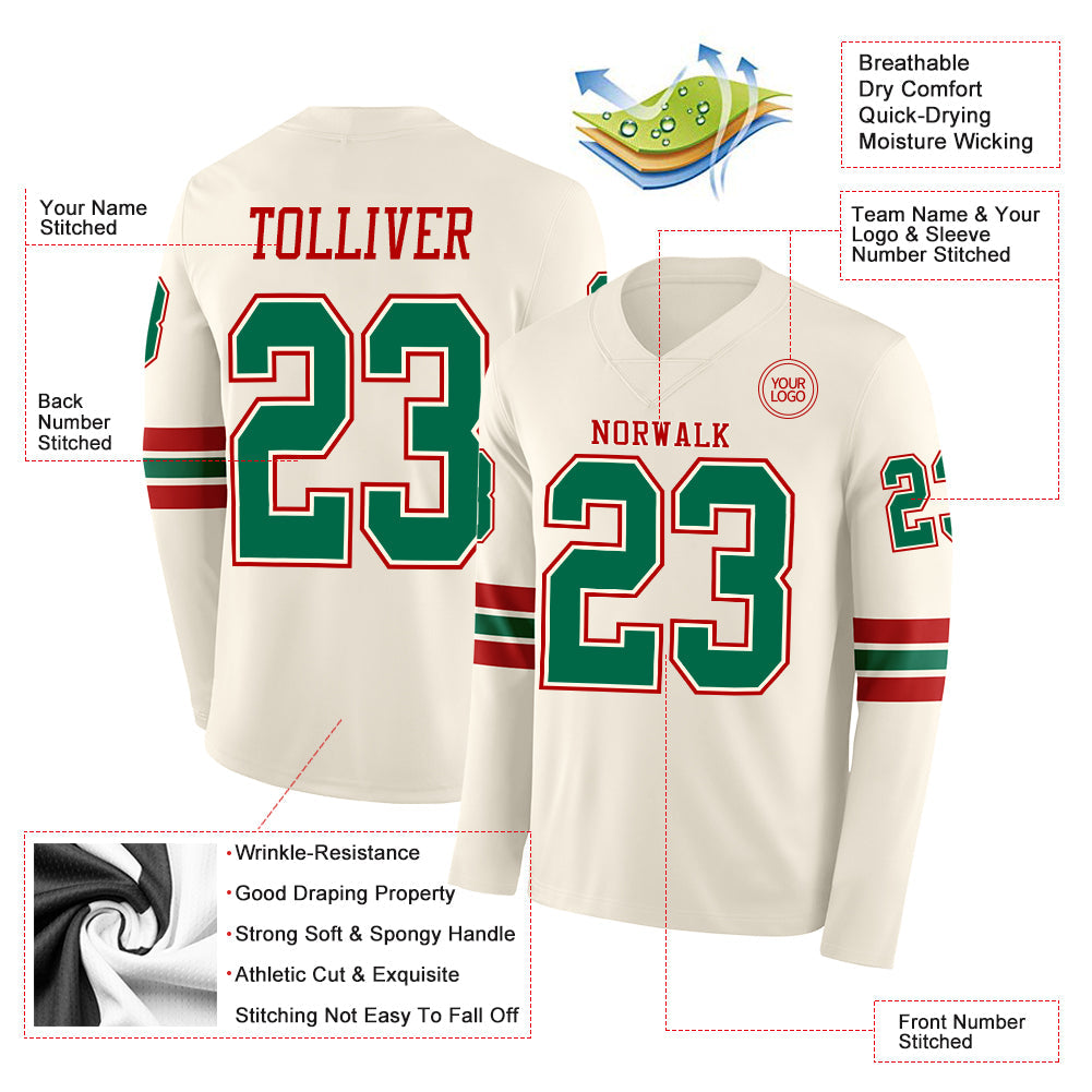 Custom Cream Kelly Green-Red Long Sleeve Authentic Football Jersey view 2