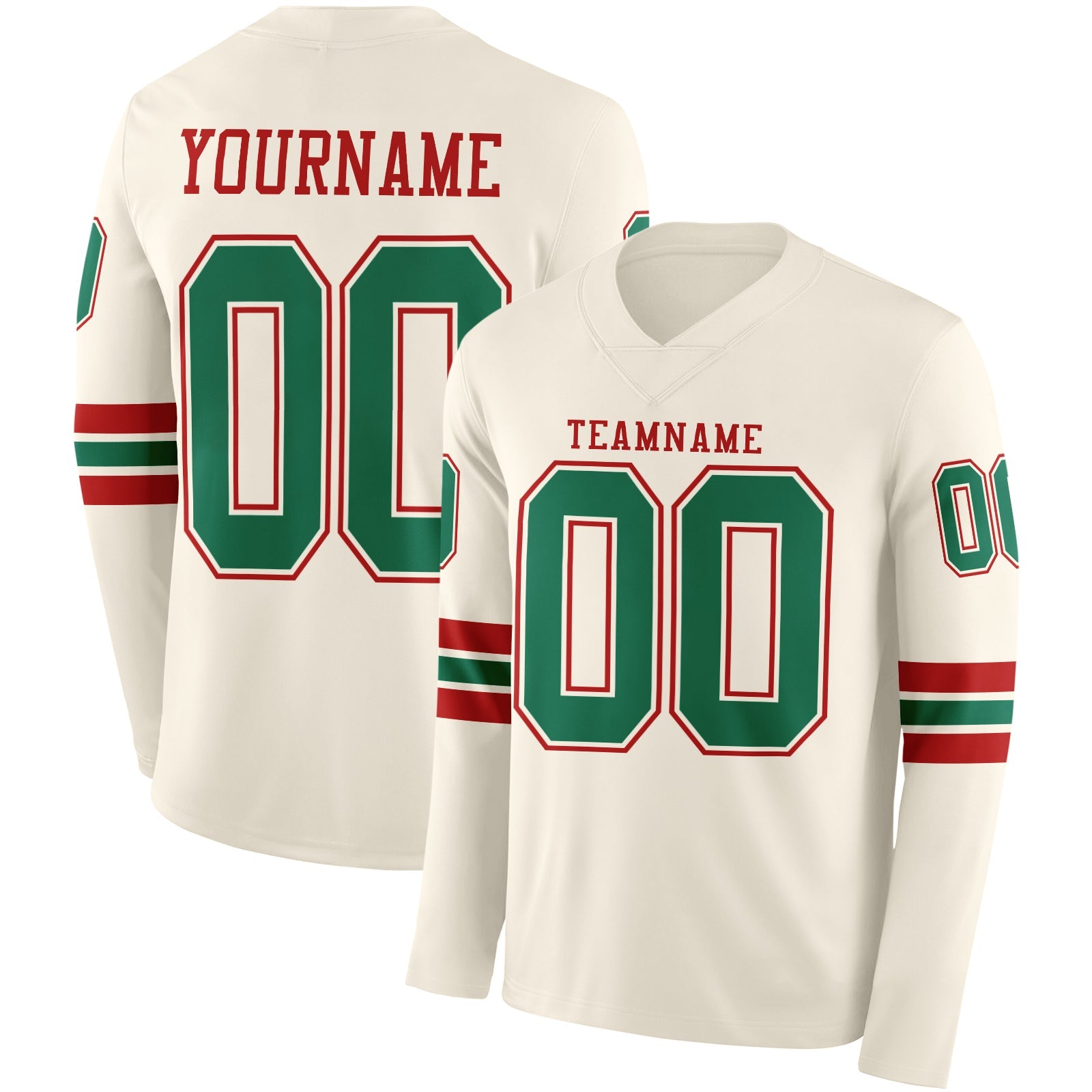 Custom Cream Kelly Green-Red Long Sleeve Authentic Football Jersey - Main View