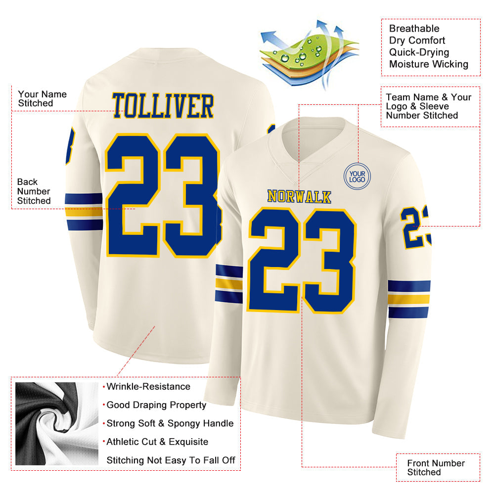 Custom Cream Royal-Yellow Long Sleeve Authentic Football Jersey view 2