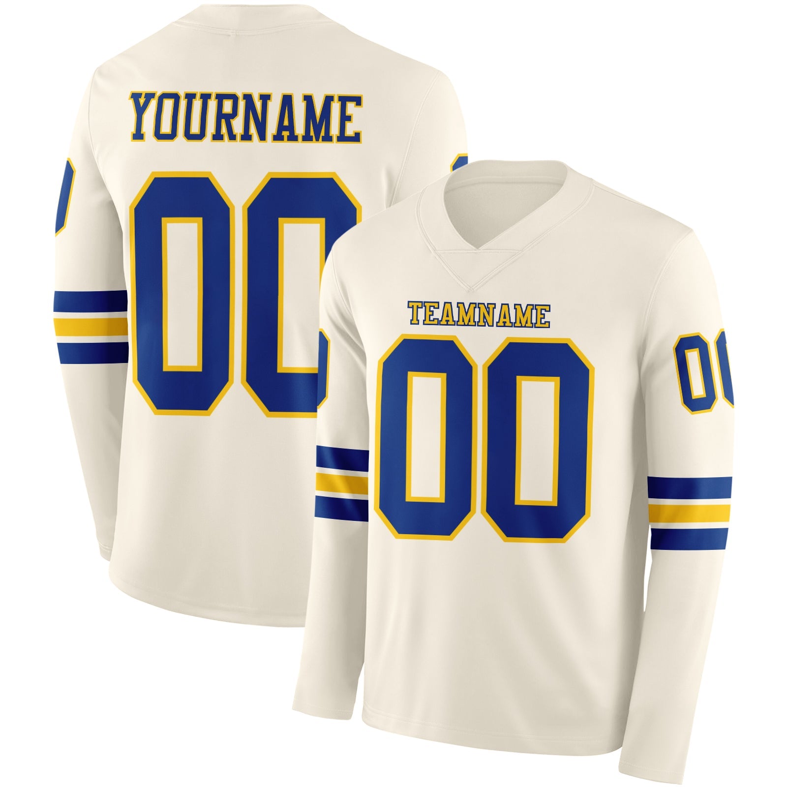 Custom Cream Royal-Yellow Long Sleeve Authentic Football Jersey - Main View