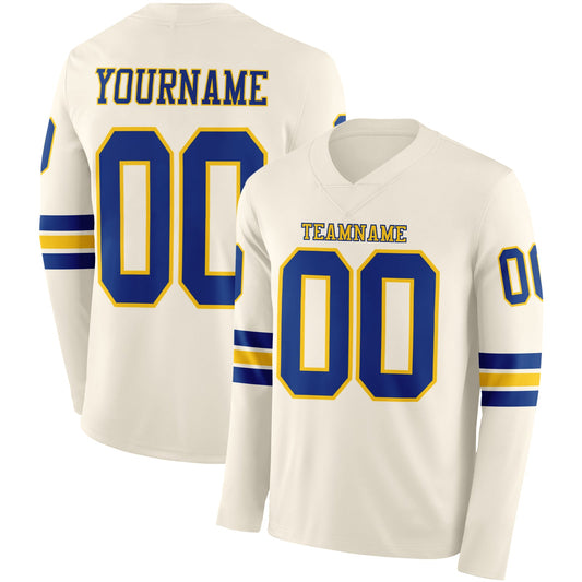 Custom Cream Royal-Yellow Long Sleeve Authentic Football Jersey - Main View