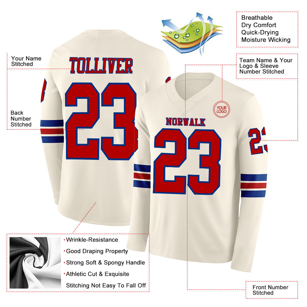 Custom Cream Red-Royal Long Sleeve Authentic Football Jersey view 2