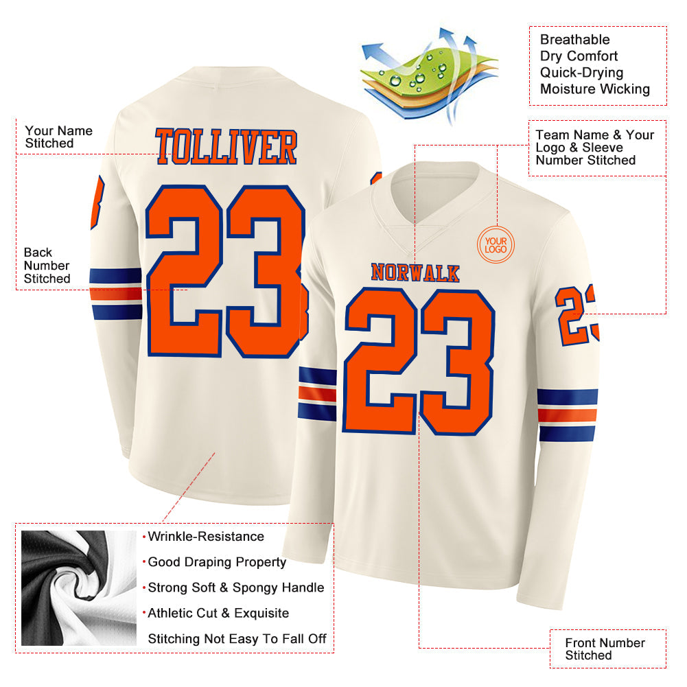 Custom Cream Orange-Royal Long Sleeve Authentic Football Jersey view 2