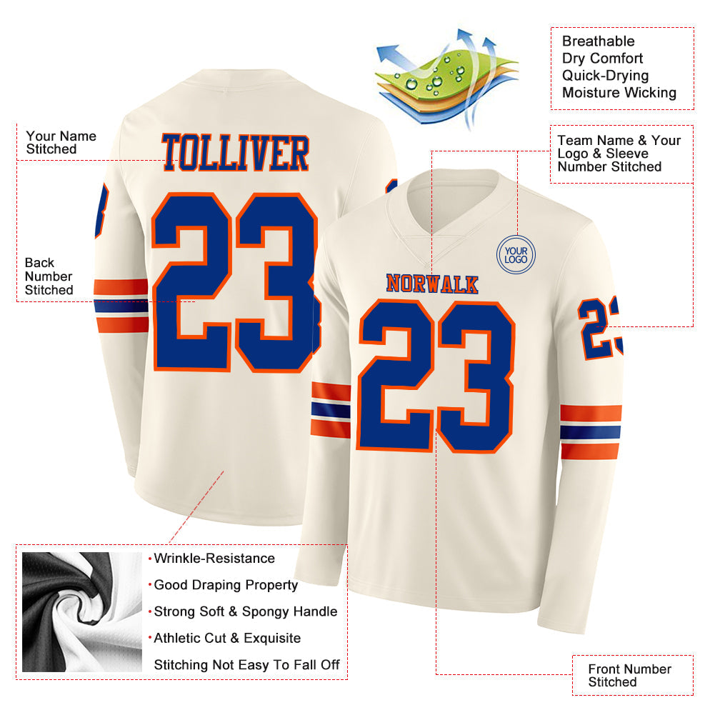 Custom Cream Royal-Orange Long Sleeve Authentic Football Jersey view 2