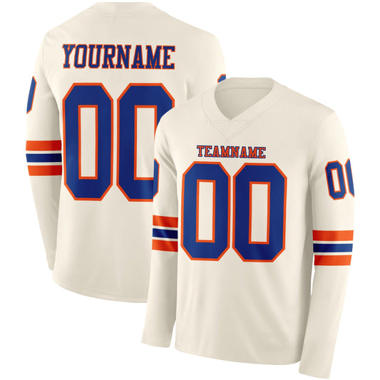Custom Cream Royal-Orange Long Sleeve Authentic Football Jersey - Main View