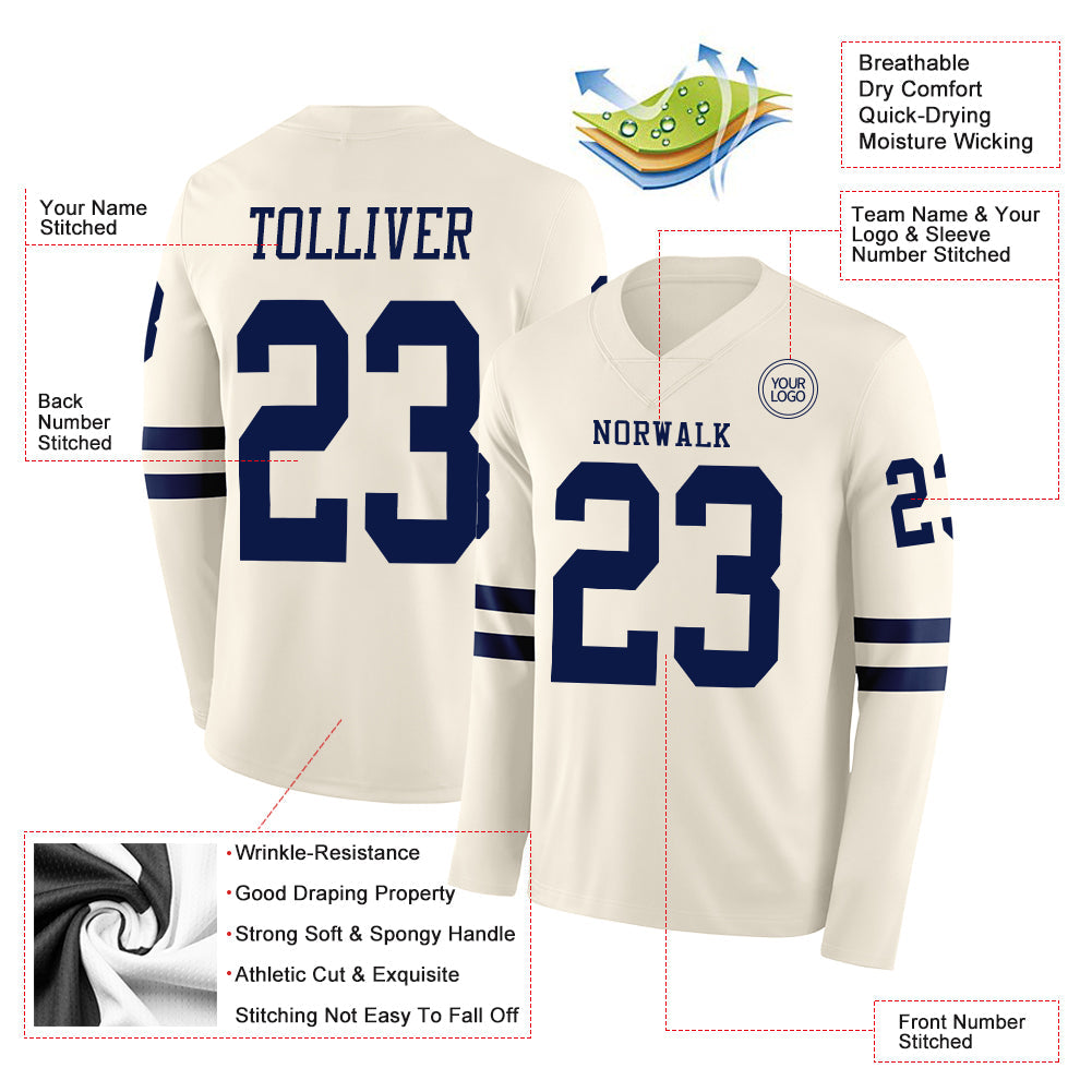 Custom Cream Navy Long Sleeve Authentic Football Jersey view 2