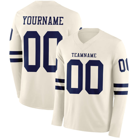 Custom Cream Navy Long Sleeve Authentic Football Jersey - Main View