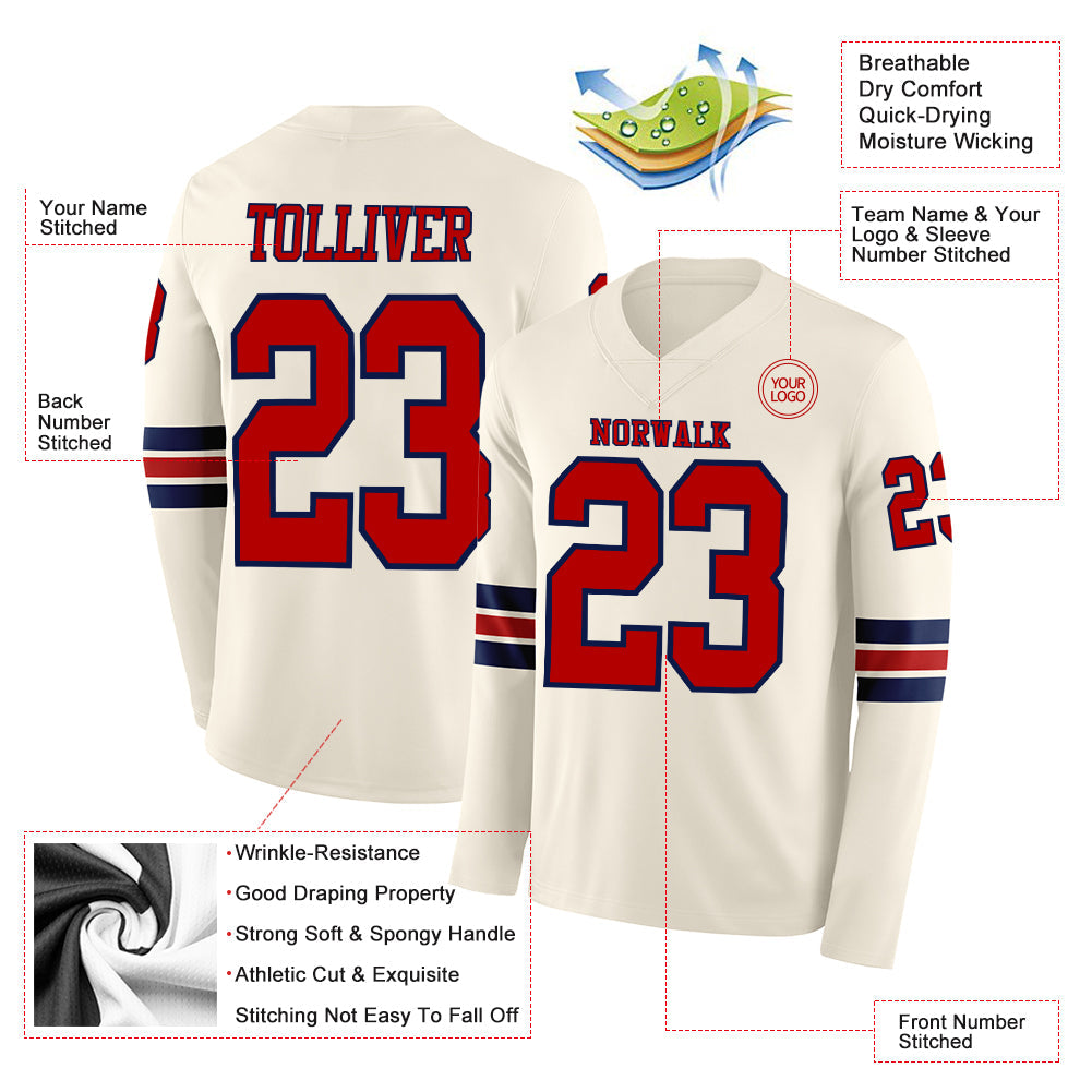 Custom Cream Red-Navy Long Sleeve Authentic Football Jersey view 2