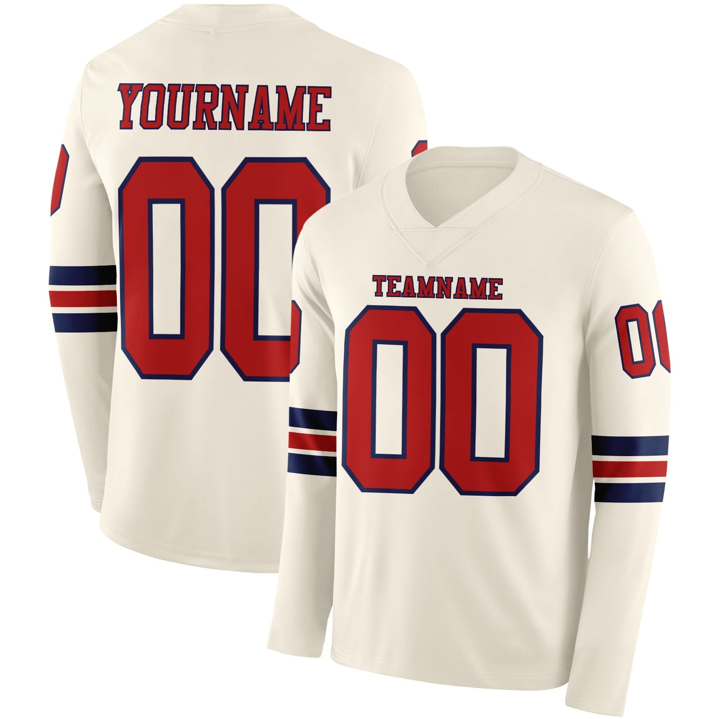 Custom Cream Red-Navy Long Sleeve Authentic Football Jersey - Main View