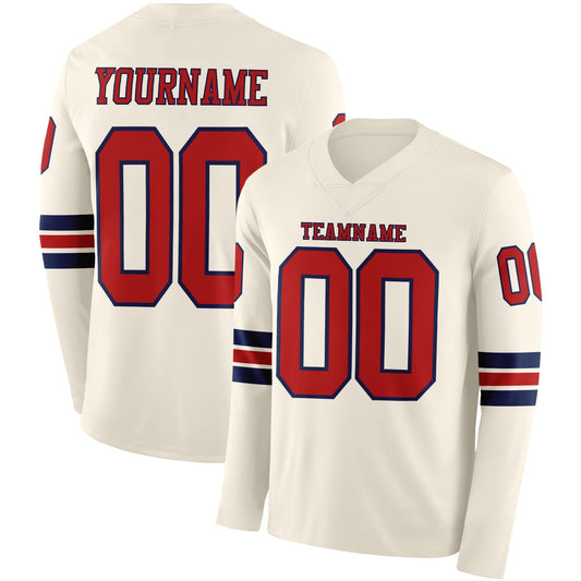 Custom Cream Red-Navy Long Sleeve Authentic Football Jersey - Main View