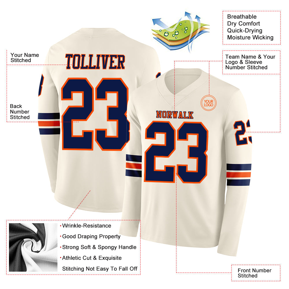 Custom Cream Navy-Orange Long Sleeve Authentic Football Jersey view 2