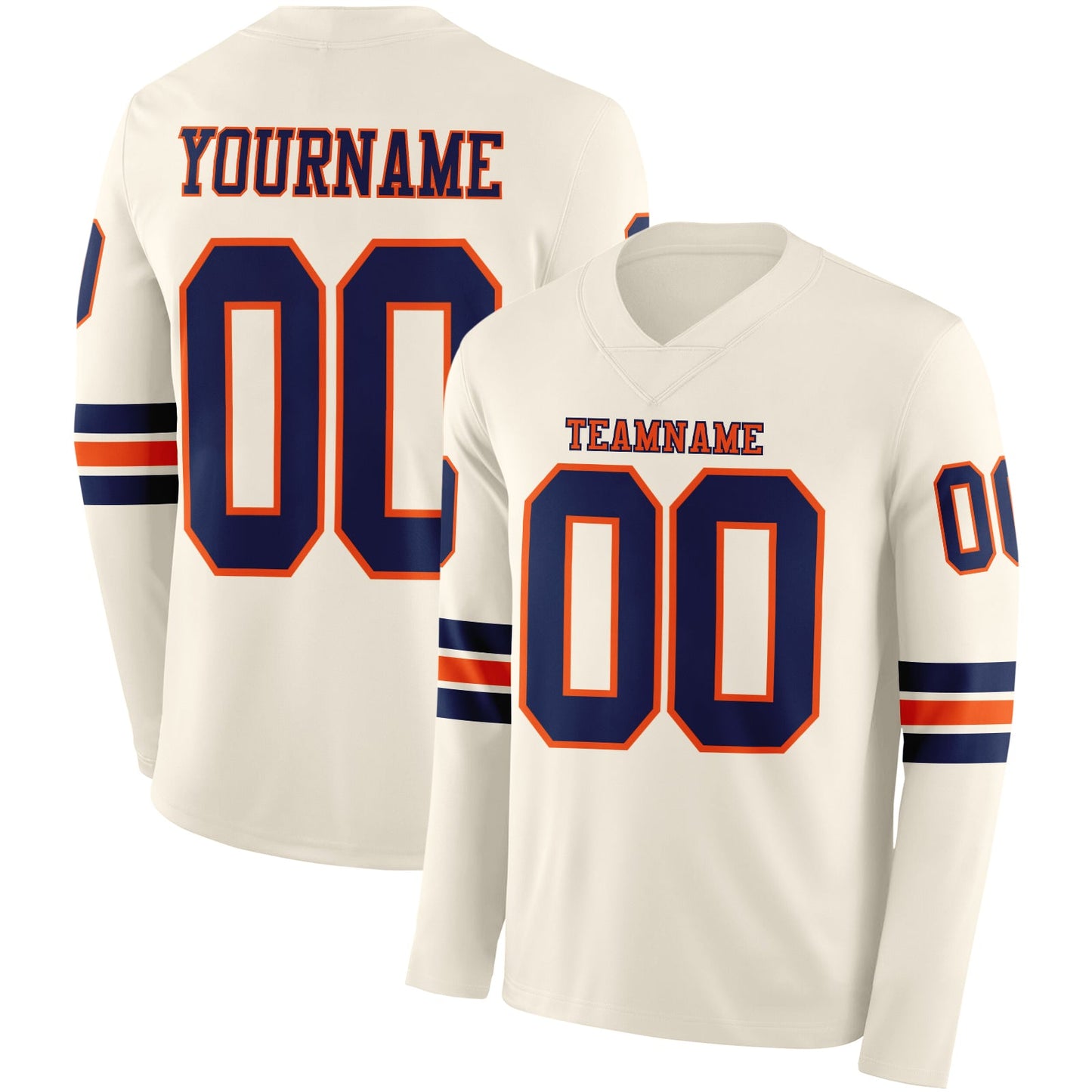 Custom Cream Navy-Orange Long Sleeve Authentic Football Jersey - Main View