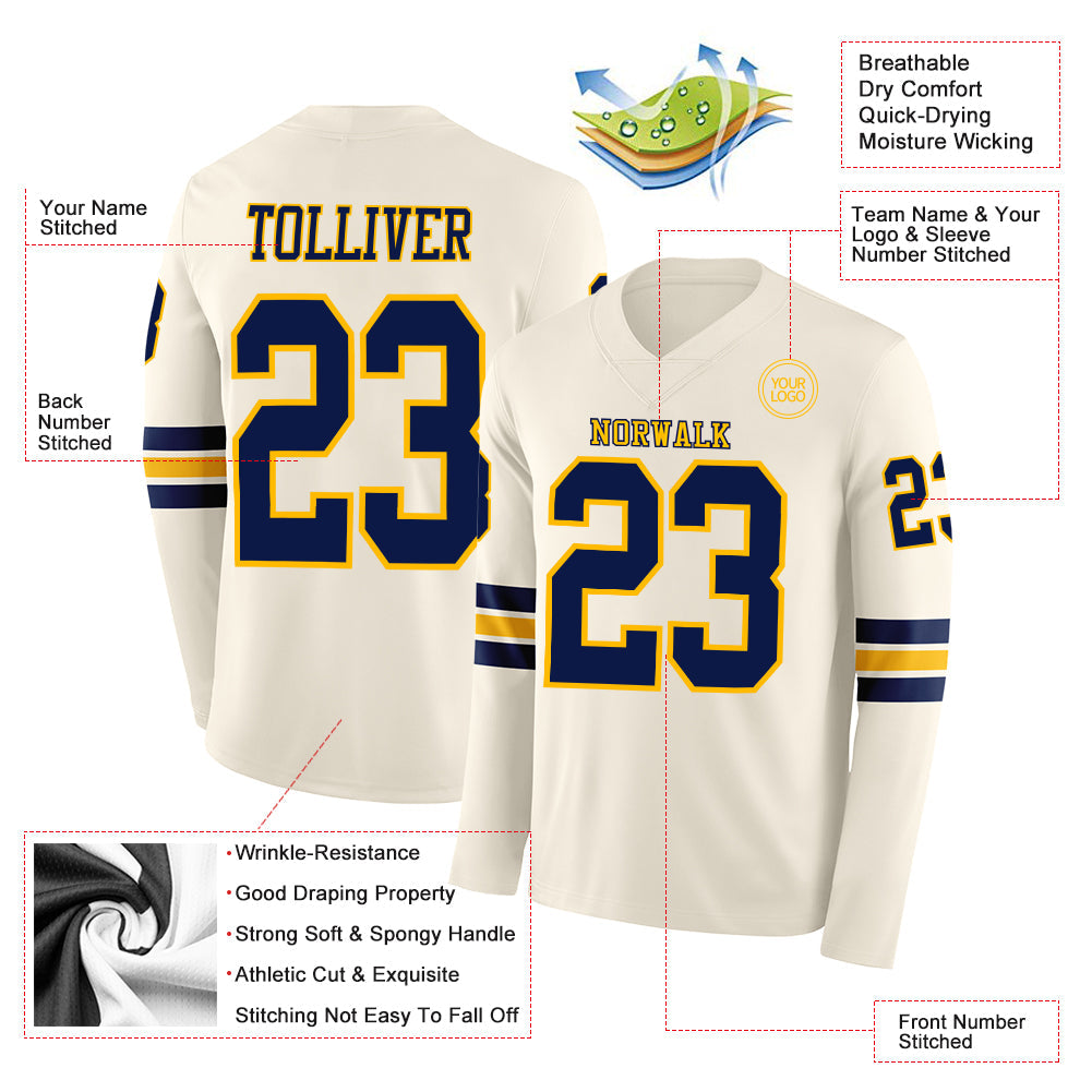 Custom Cream Navy-Gold Long Sleeve Authentic Football Jersey view 2