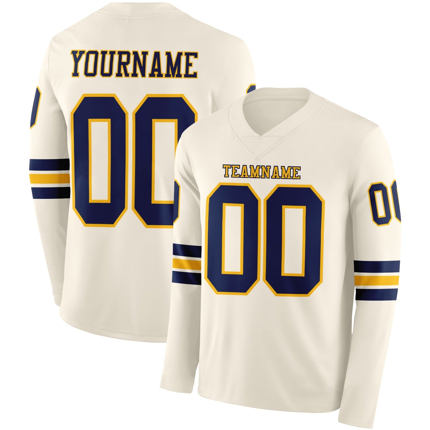 Custom Cream Navy-Gold Long Sleeve Authentic Football Jersey - Main View