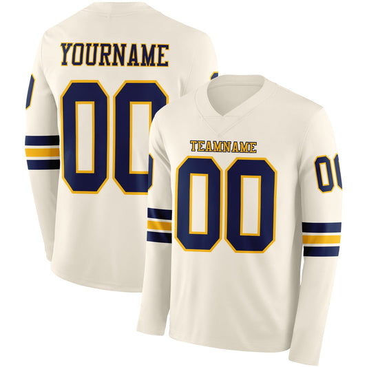 Custom Cream Navy-Gold Long Sleeve Authentic Football Jersey - Main View