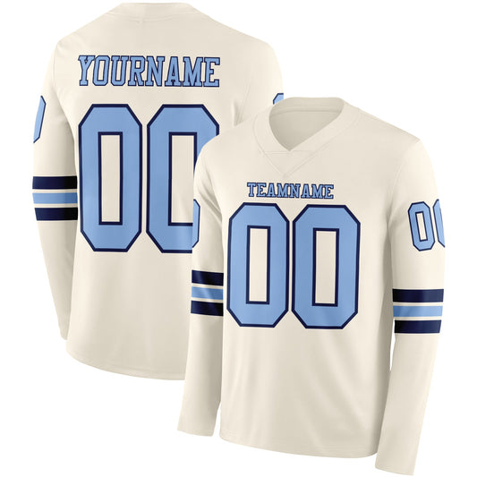 Custom Cream Light Blue-Navy Long Sleeve Authentic Football Jersey - Main View