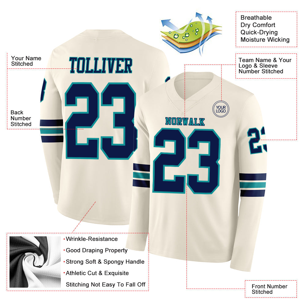 Custom Cream Navy-Teal Long Sleeve Authentic Football Jersey view 2