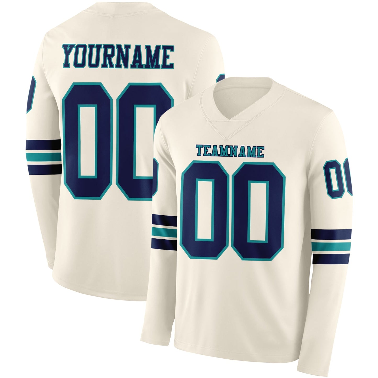 Custom Cream Navy-Teal Long Sleeve Authentic Football Jersey - Main View