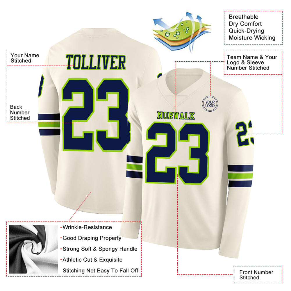 Custom Cream Navy-Neon Green Long Sleeve Authentic Football Jersey view 2