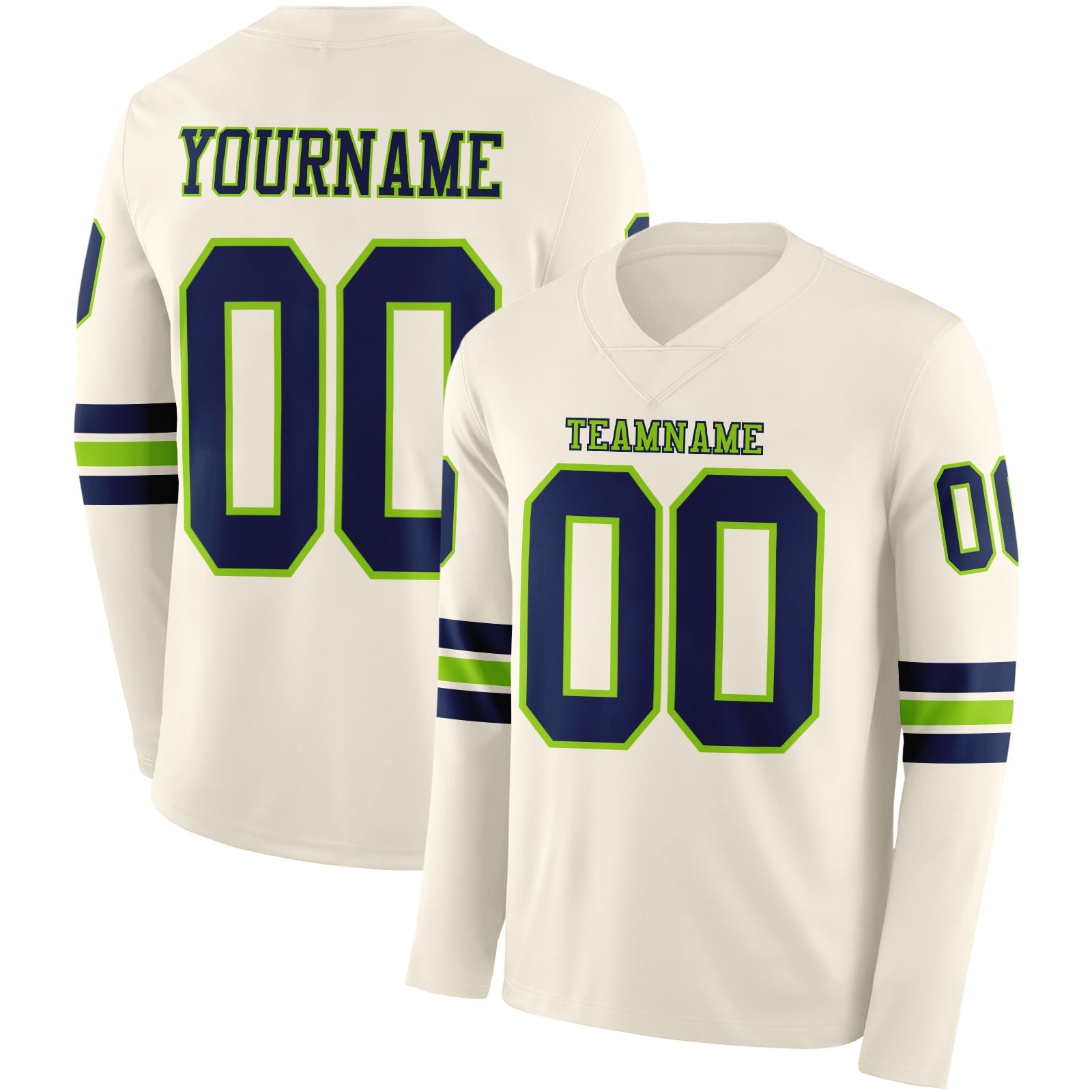 Custom Cream Navy-Neon Green Long Sleeve Authentic Football Jersey - Main View