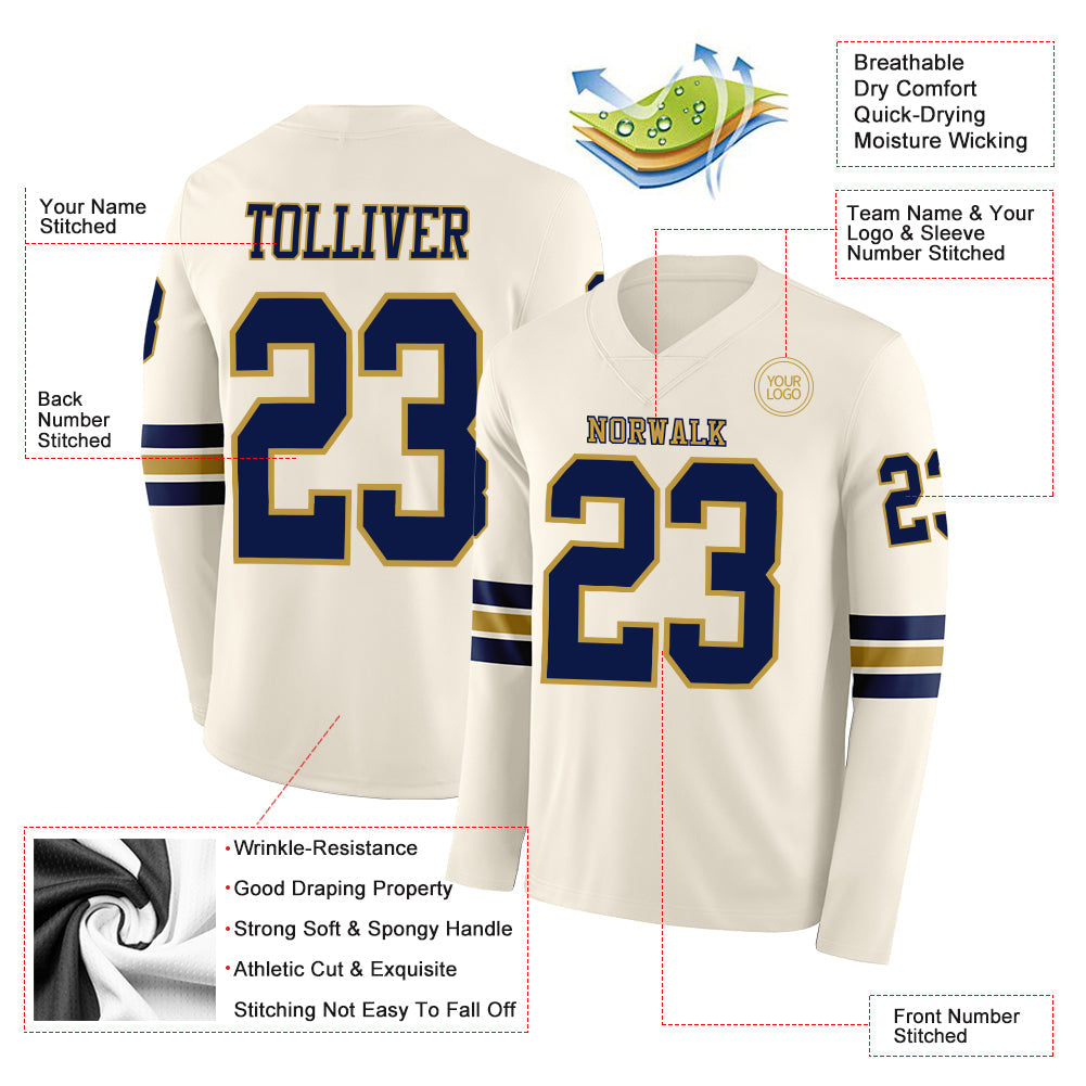 Custom Cream Navy-Old Gold Long Sleeve Authentic Football Jersey view 2
