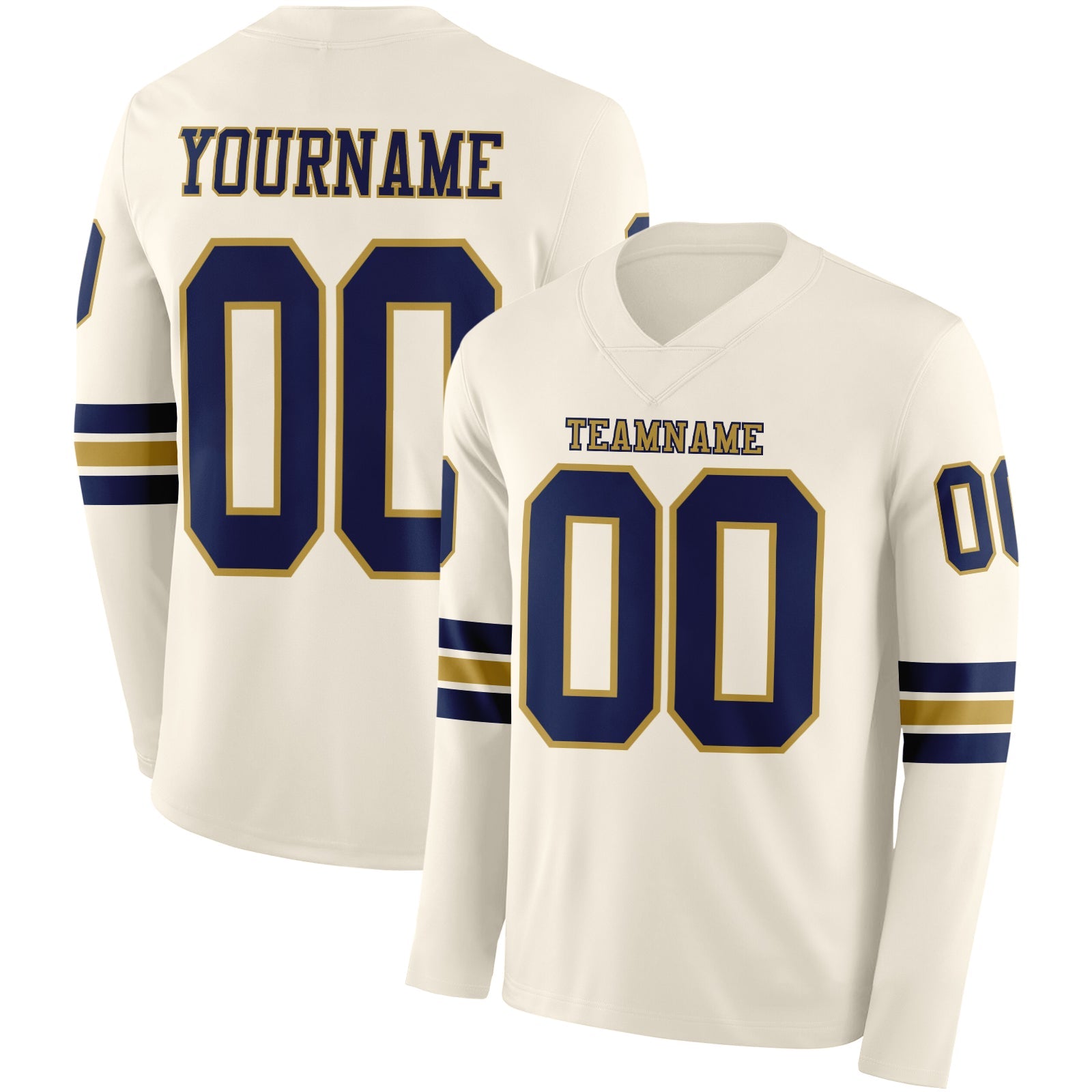 Custom Cream Navy-Old Gold Long Sleeve Authentic Football Jersey - Main View