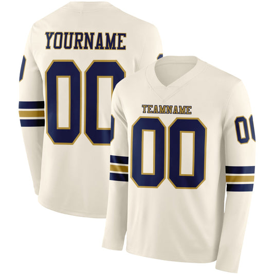 Custom Cream Navy-Old Gold Long Sleeve Authentic Football Jersey - Main View