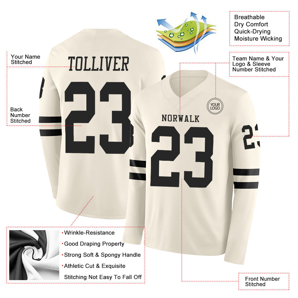 Custom Cream Black Long Sleeve Authentic Football Jersey view 2