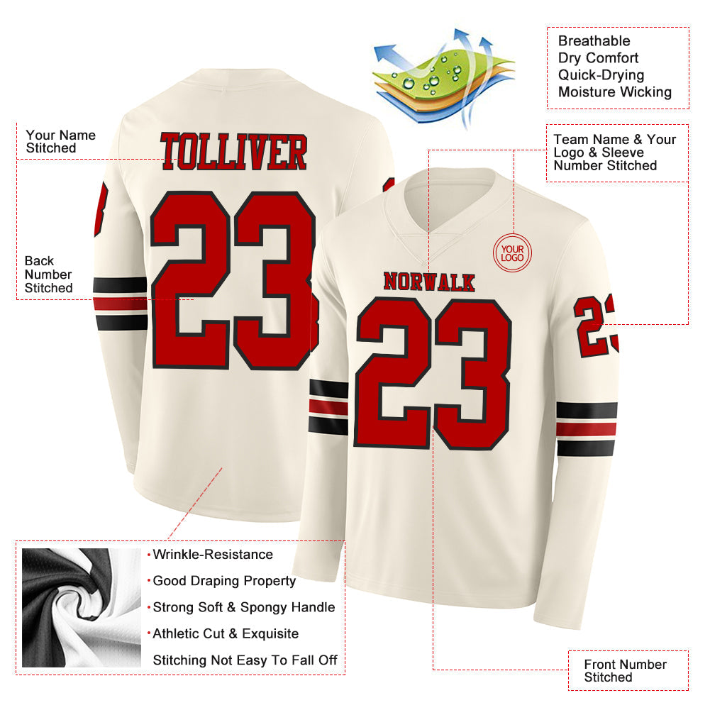 Custom Cream Red-Black Long Sleeve Authentic Football Jersey view 2