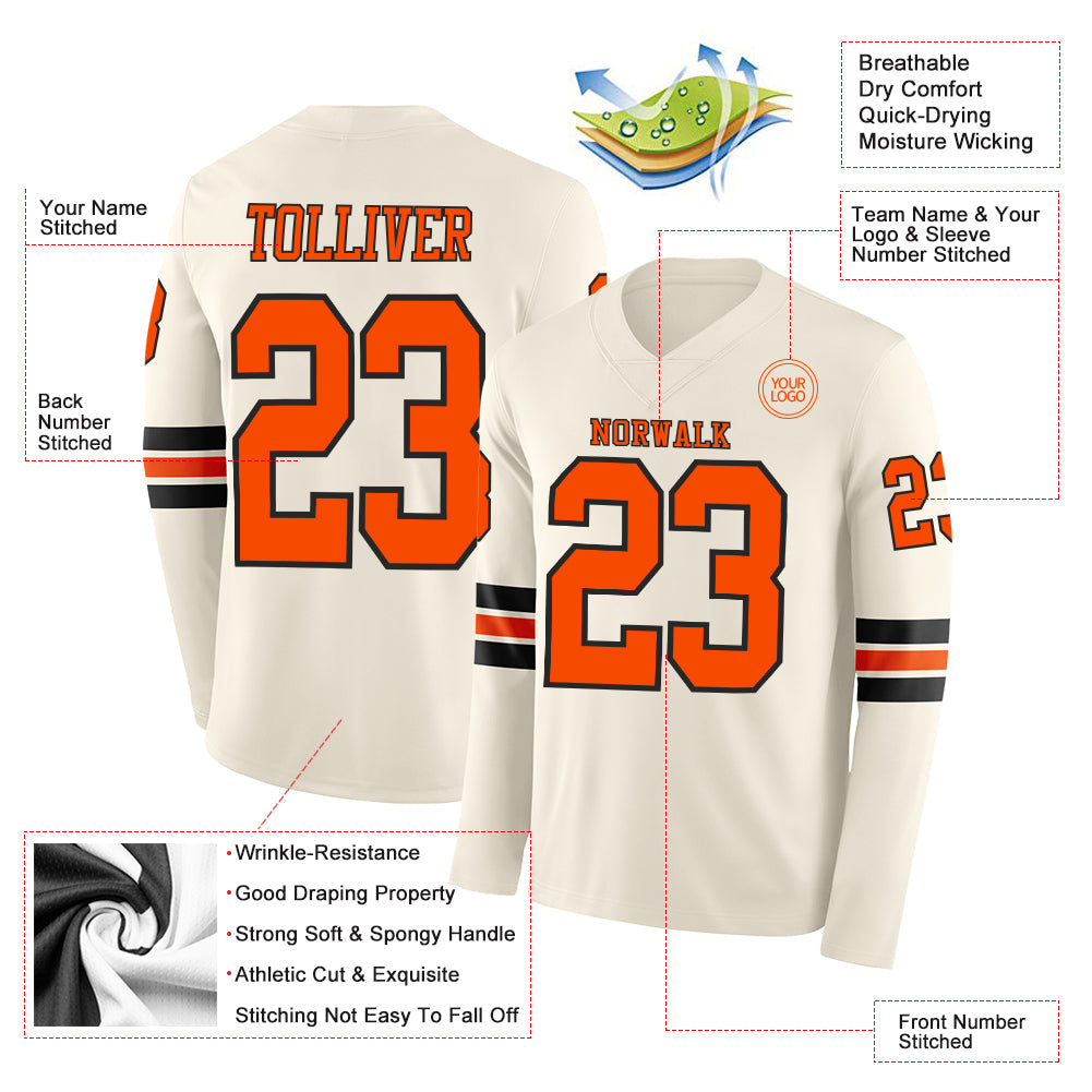 Custom Cream Orange-Black Long Sleeve Authentic Football Jersey view 2