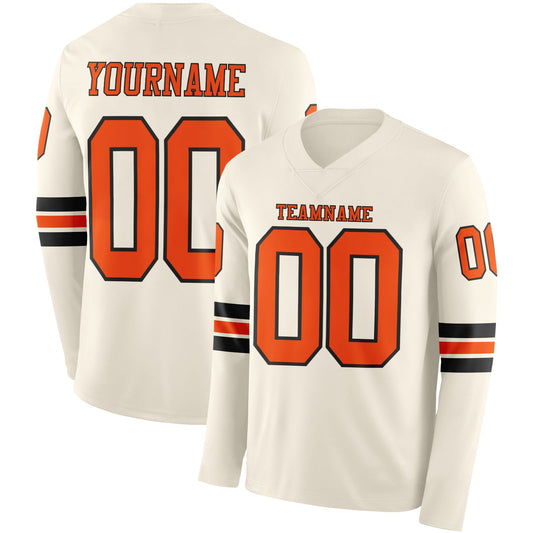 Custom Cream Orange-Black Long Sleeve Authentic Football Jersey - Main View
