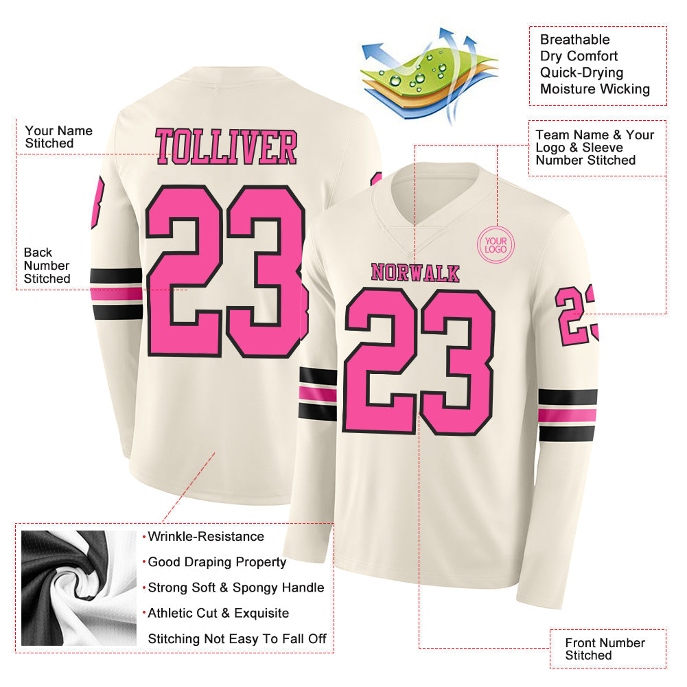 Custom Cream Pink-Black Long Sleeve Authentic Football Jersey view 2
