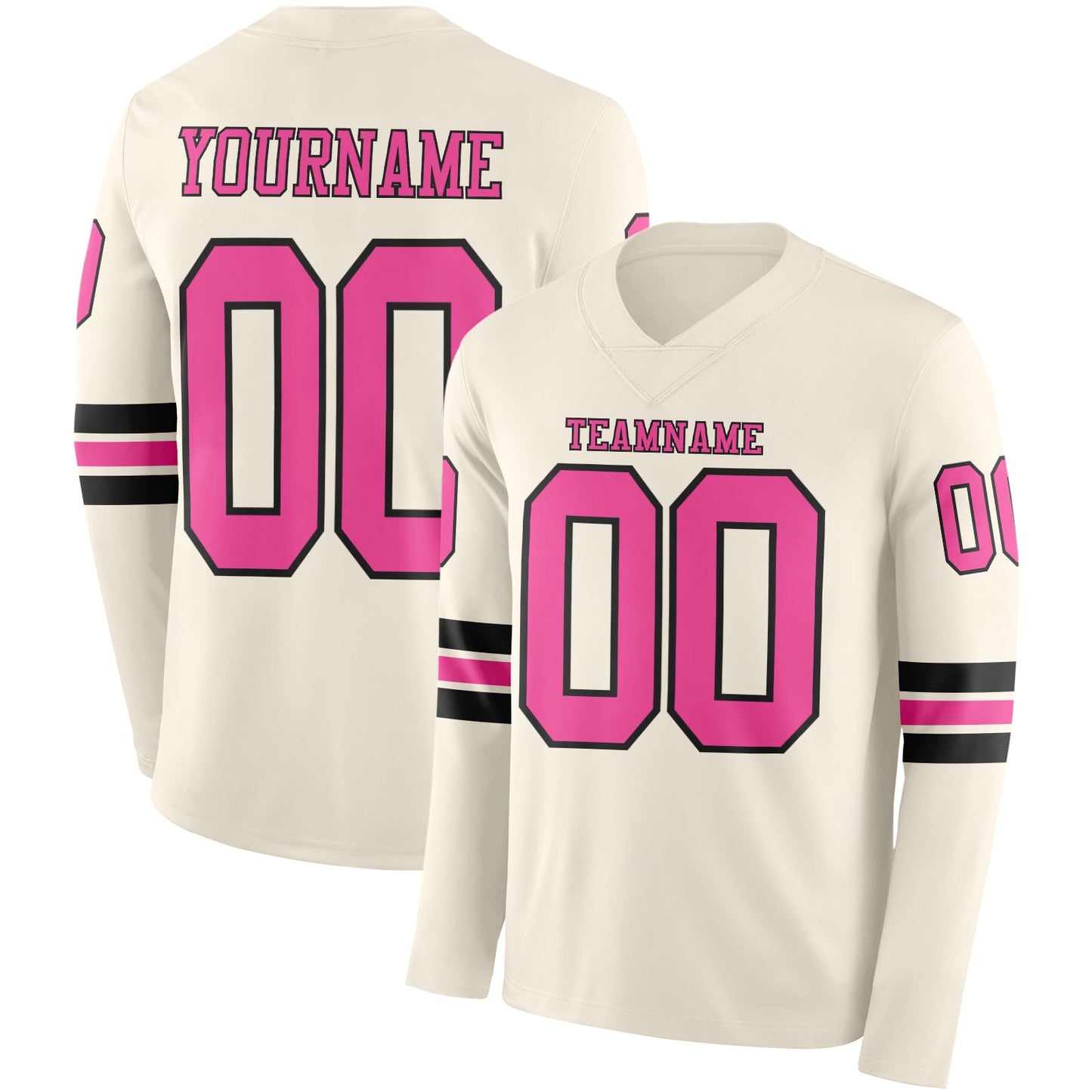 Custom Cream Pink-Black Long Sleeve Authentic Football Jersey - Main View