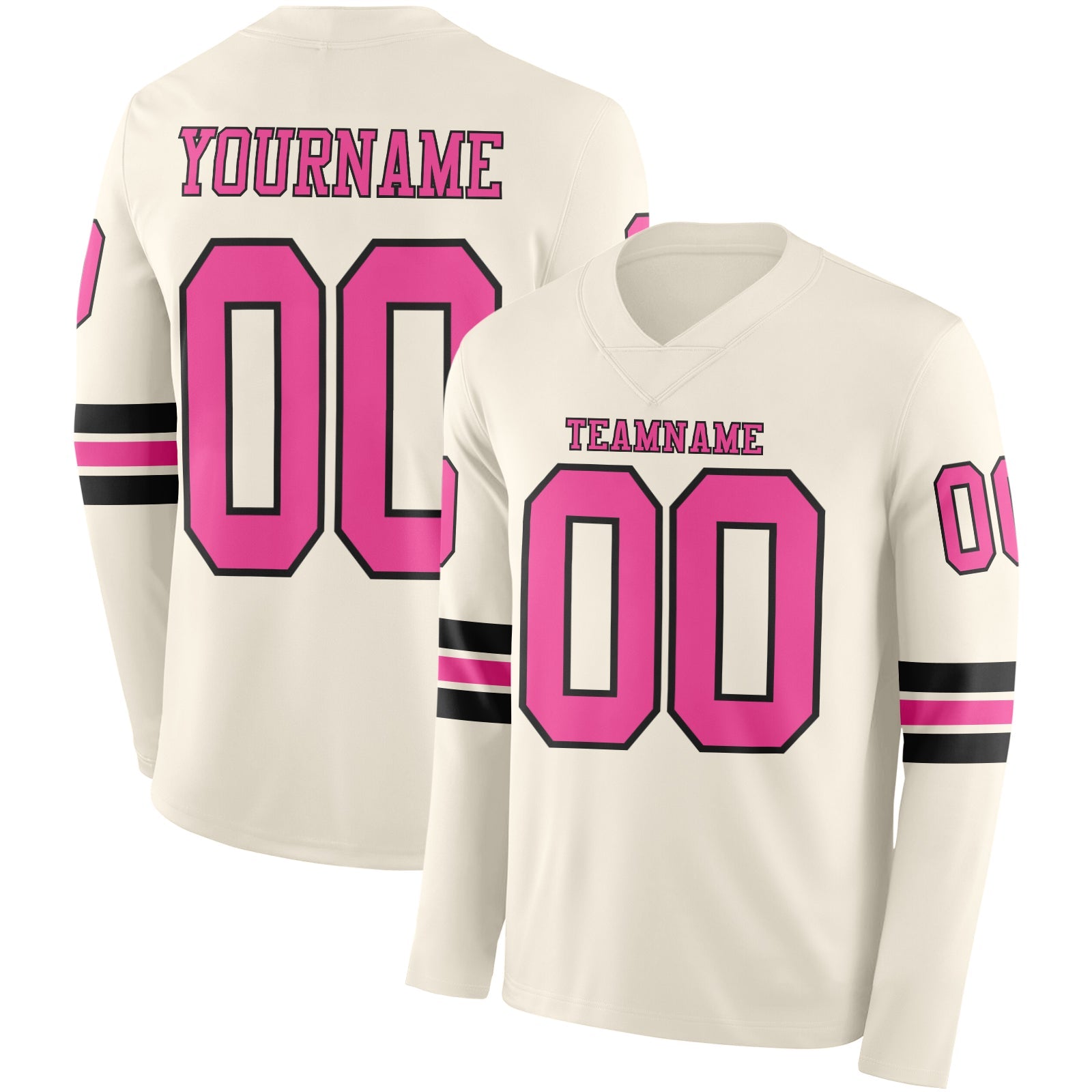 Custom Cream Pink-Black Long Sleeve Authentic Football Jersey - Main View