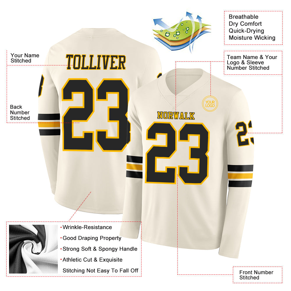 Custom Cream Black-Gold Long Sleeve Authentic Football Jersey view 2