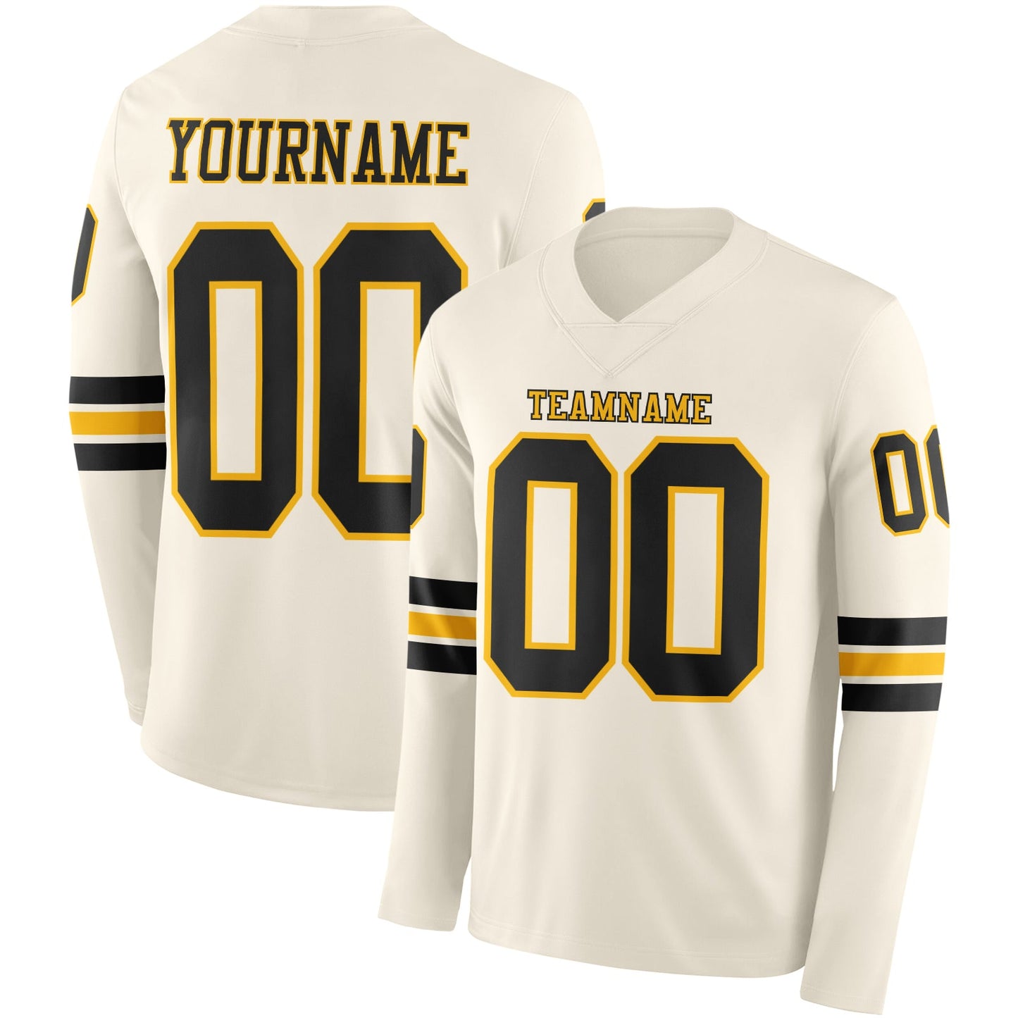 Custom Cream Black-Gold Long Sleeve Authentic Football Jersey - Main View