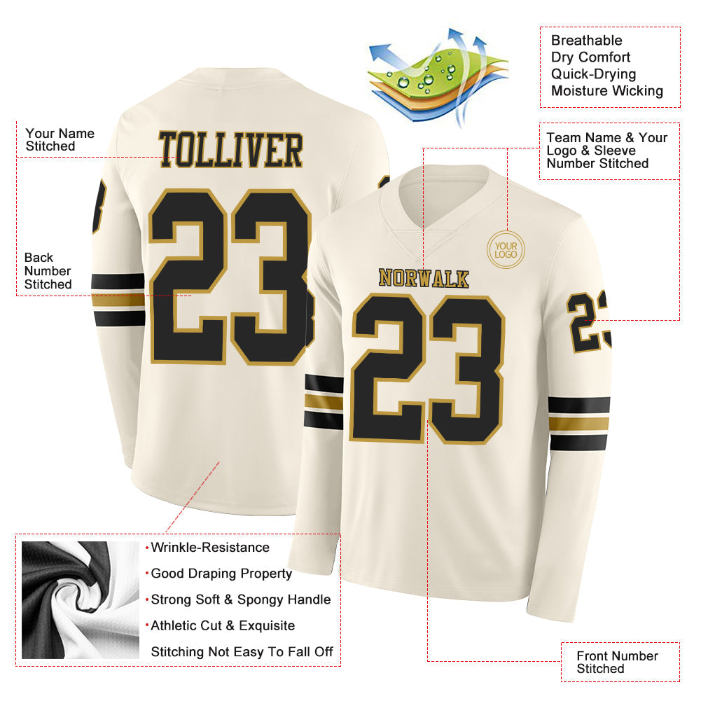 Custom Cream Black-Old Gold Long Sleeve Authentic Football Jersey view 2