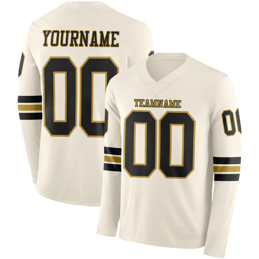 Custom Cream Black-Old Gold Long Sleeve Authentic Football Jersey - Main View