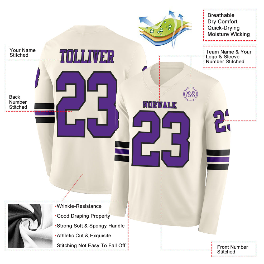 Custom Cream Purple-Black Long Sleeve Authentic Football Jersey view 2