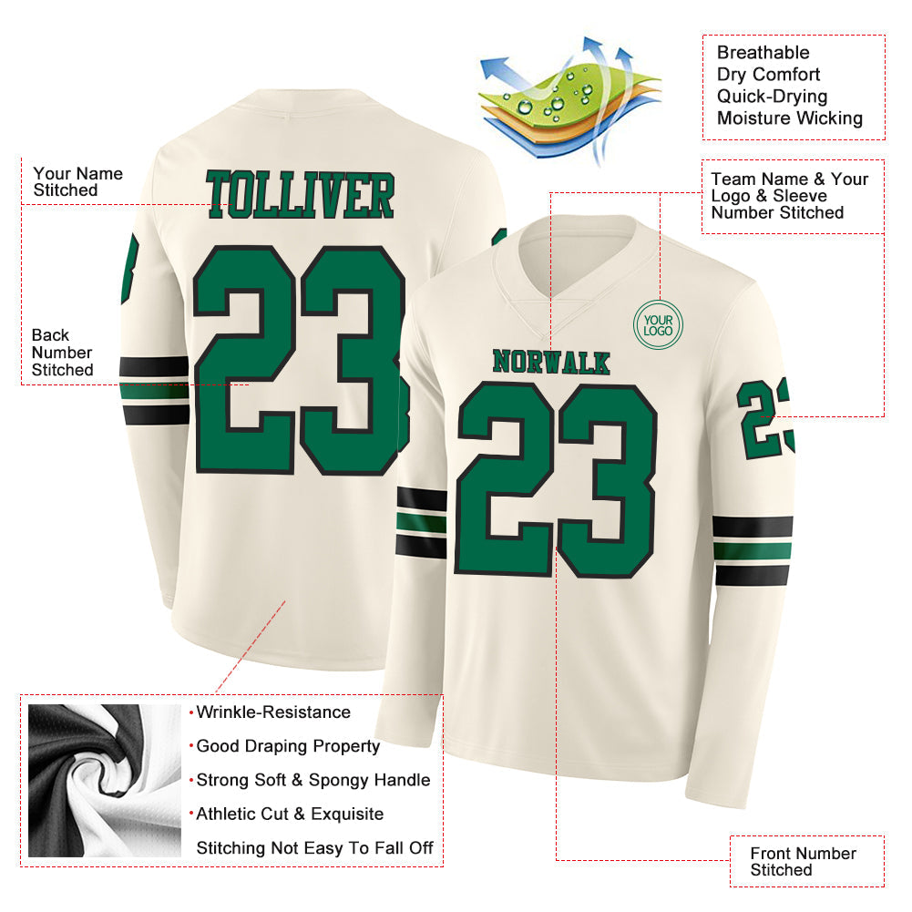 Custom Cream Kelly Green-Black Long Sleeve Authentic Football Jersey view 2