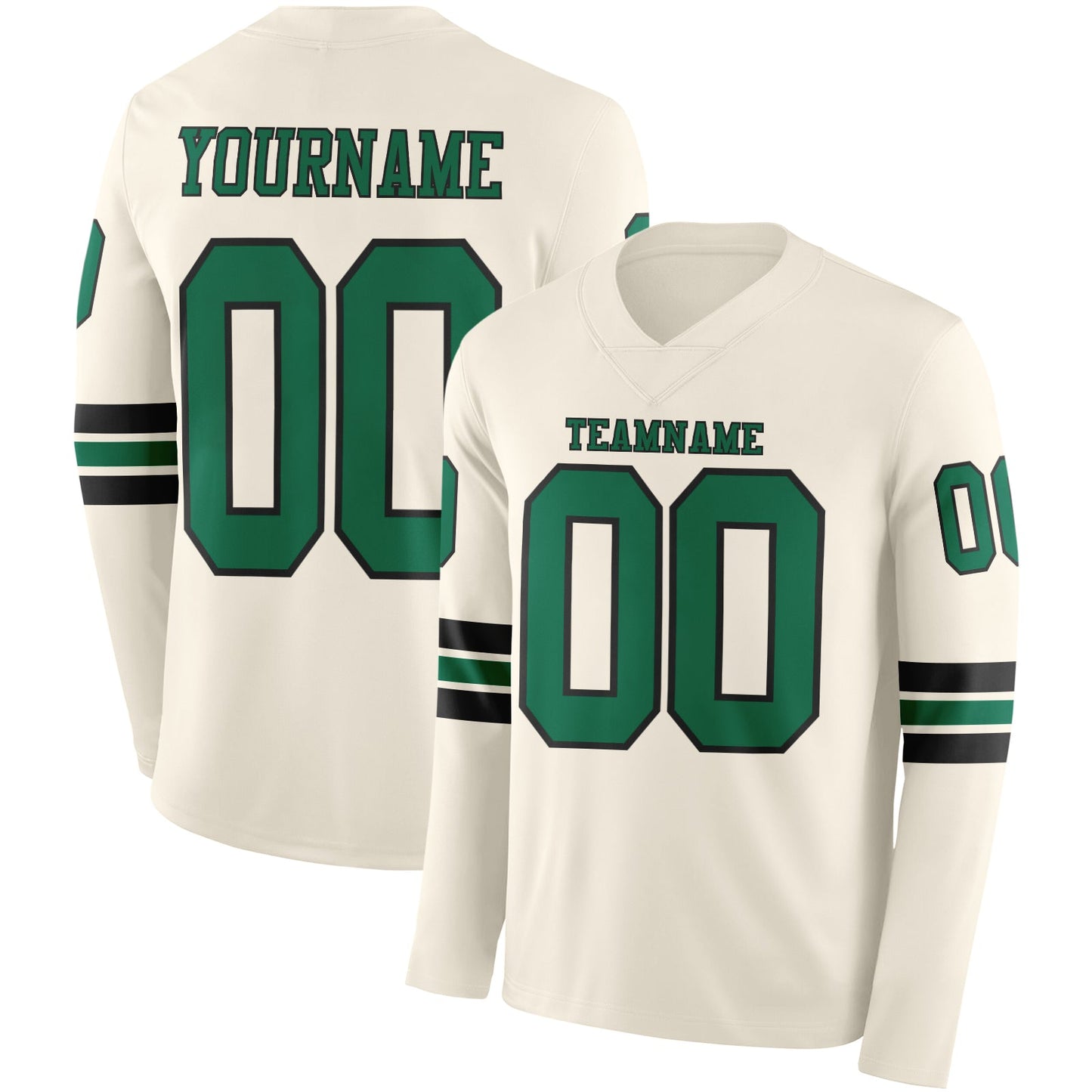 Custom Cream Kelly Green-Black Long Sleeve Authentic Football Jersey - Main View