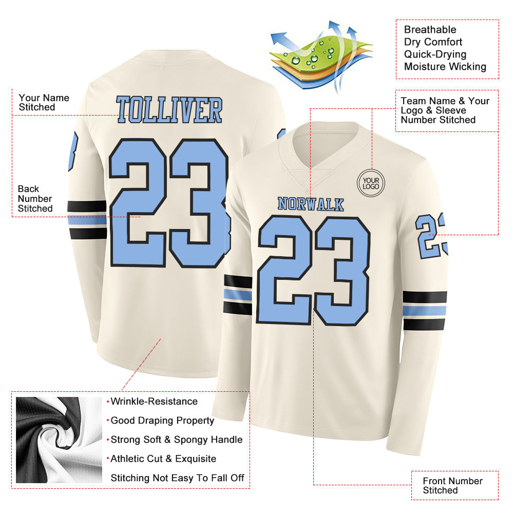 Custom Cream Light Blue-Black Long Sleeve Authentic Football Jersey view 2