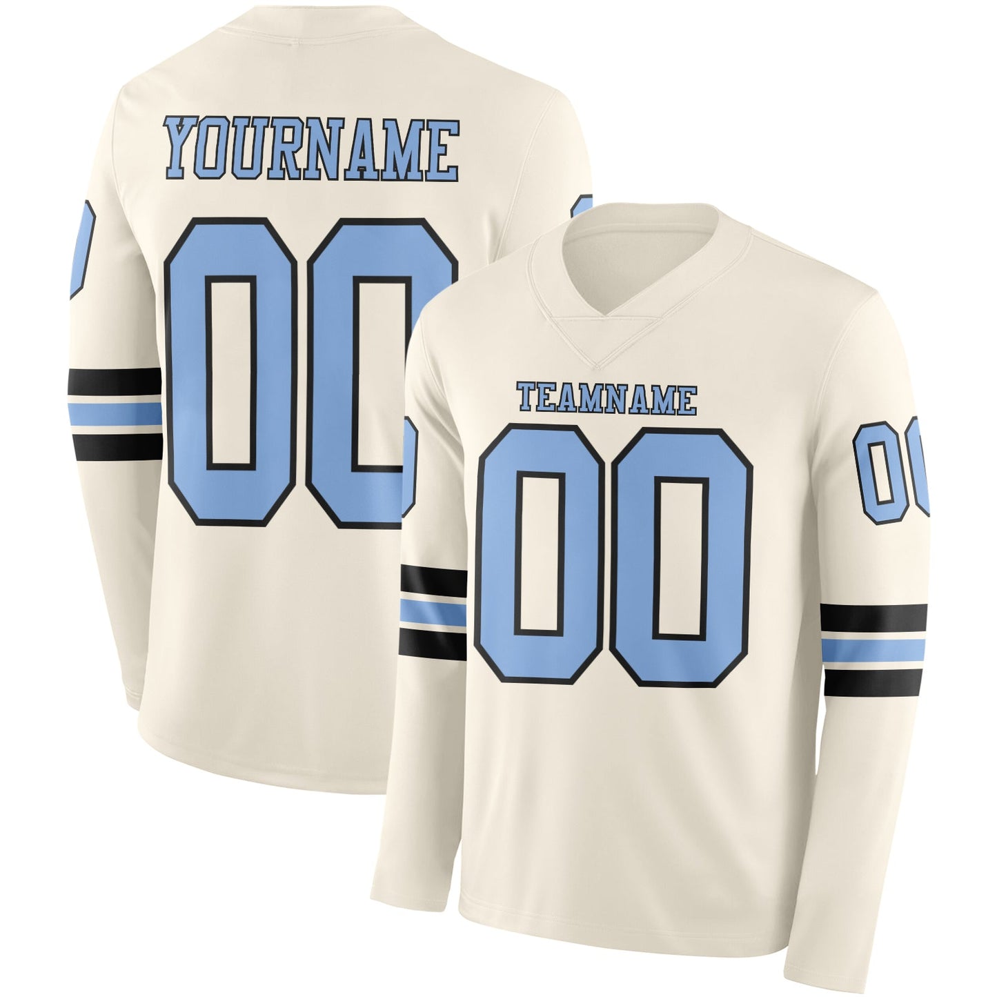 Custom Cream Light Blue-Black Long Sleeve Authentic Football Jersey - Main View