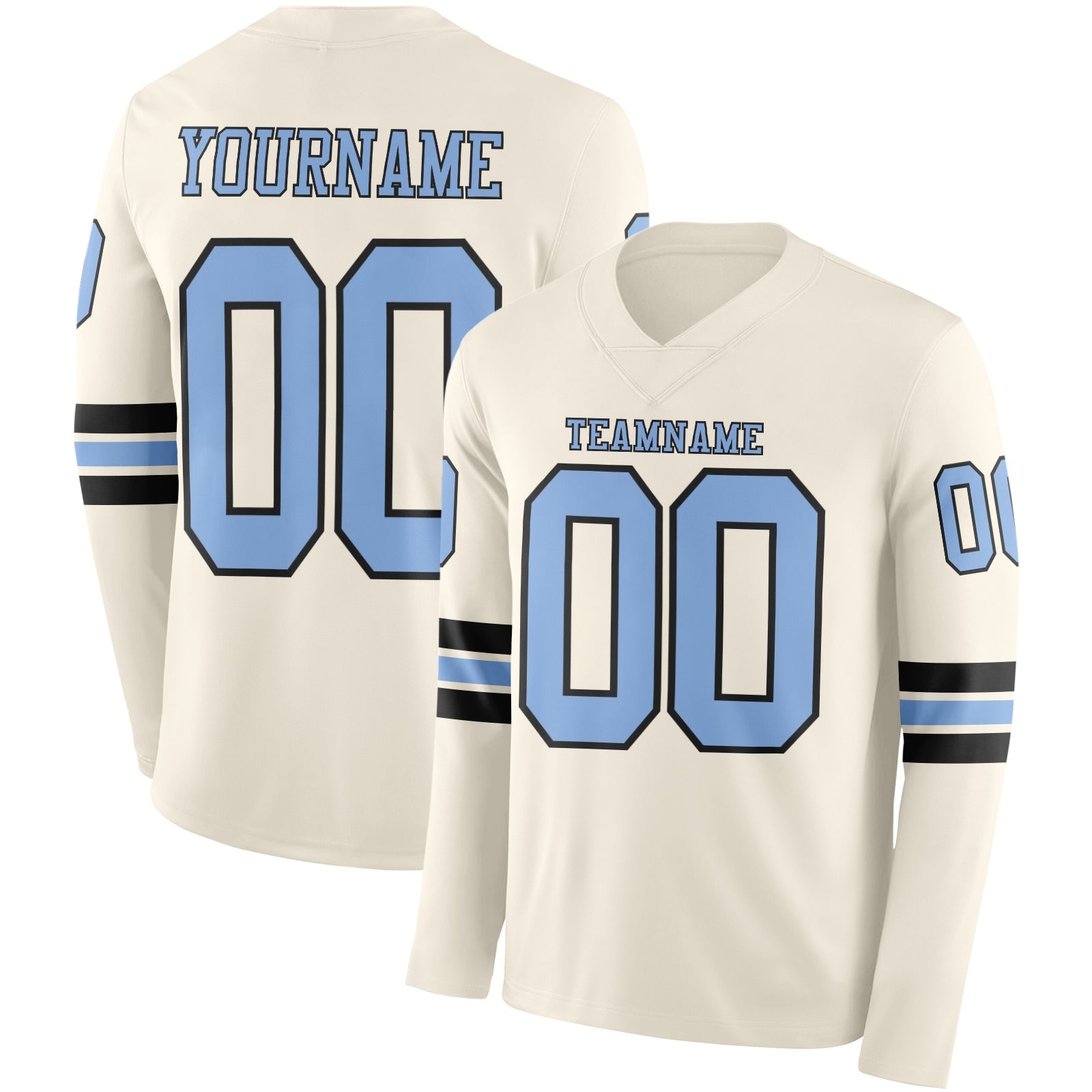 Custom Cream Light Blue-Black Long Sleeve Authentic Football Jersey - Main View