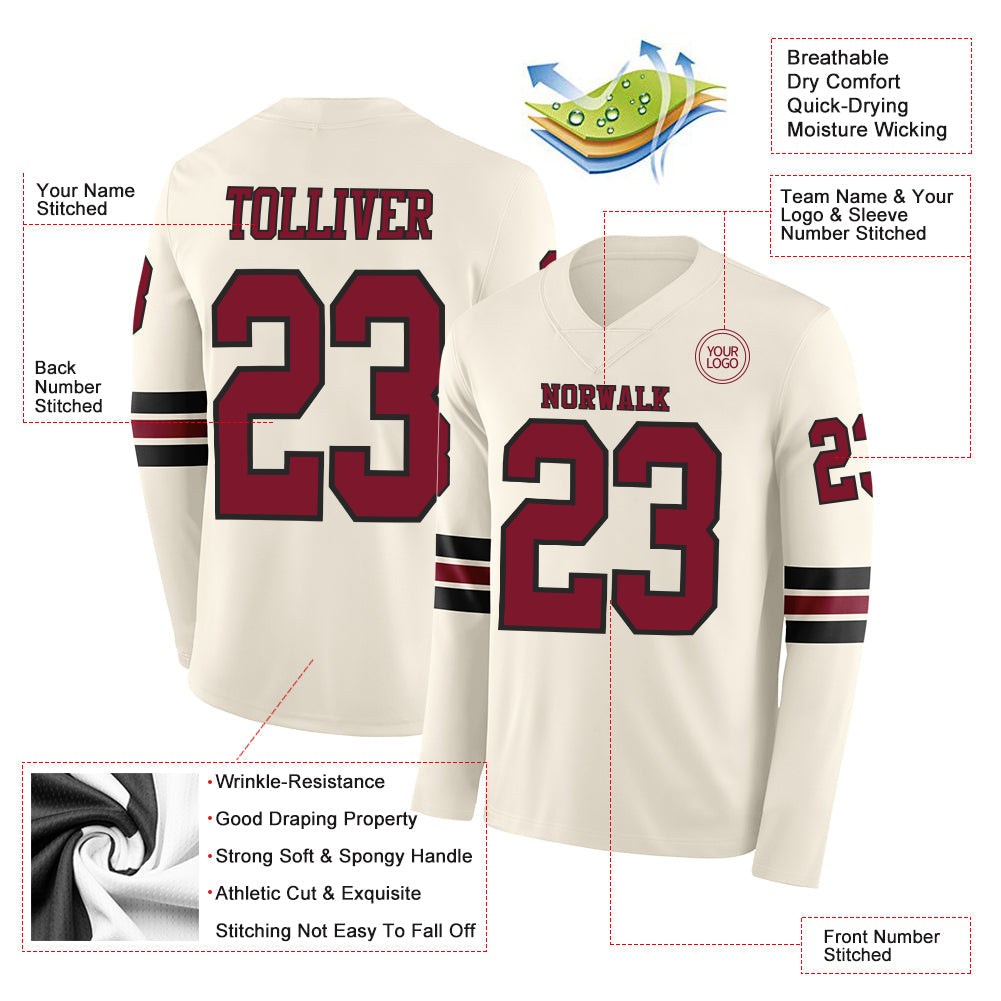 Custom Cream Crimson-Black Long Sleeve Authentic Football Jersey view 2