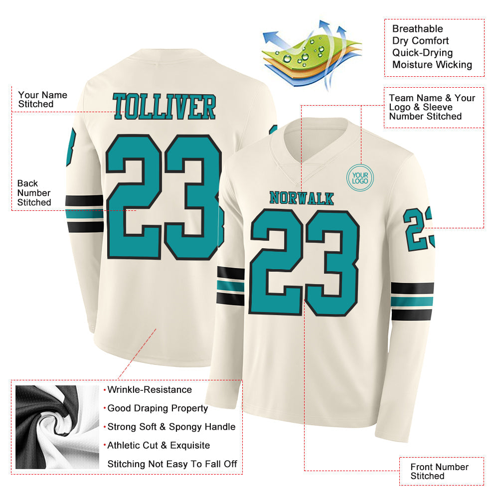 Custom Cream Teal-Black Long Sleeve Authentic Football Jersey view 2