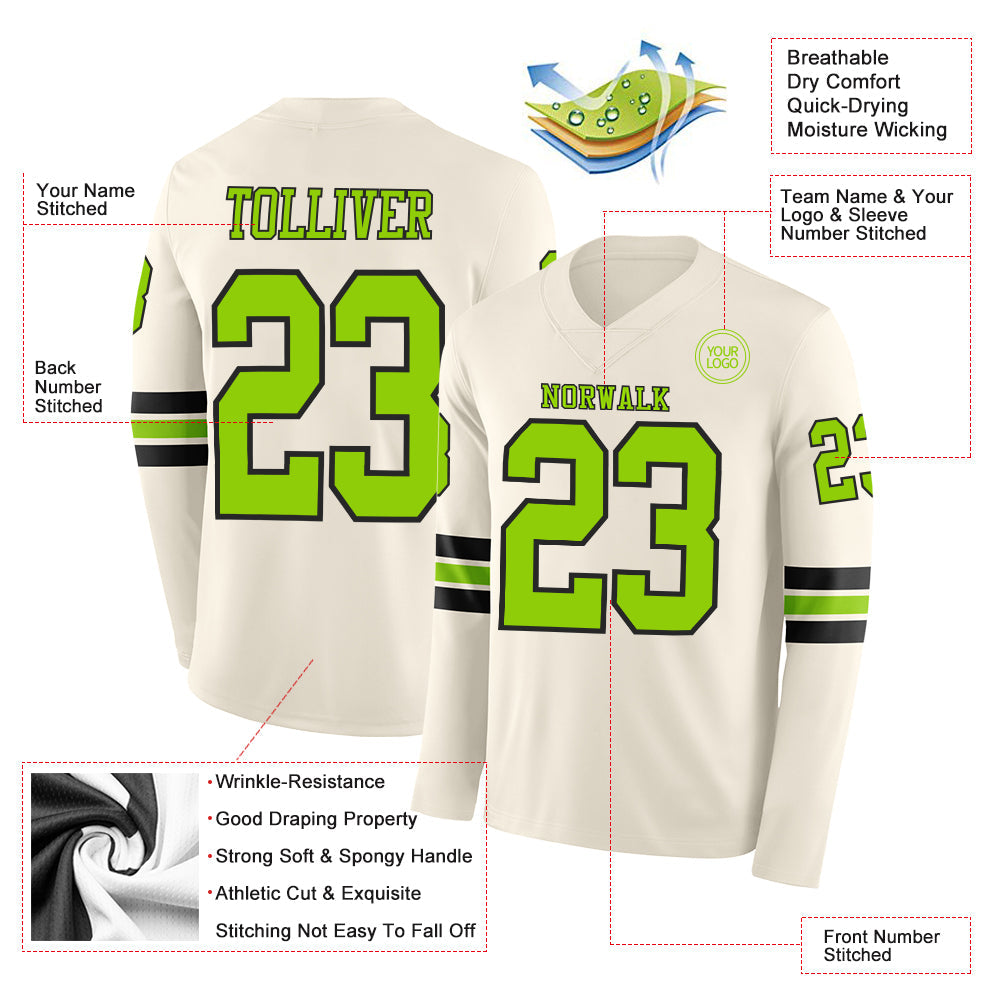 Custom Cream Neon Green-Black Long Sleeve Authentic Football Jersey view 2
